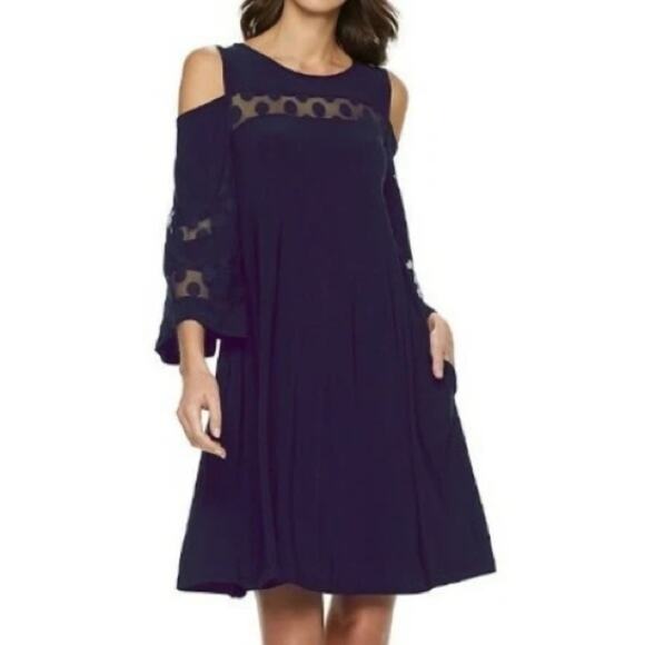Nina Leonard Dresses & Skirts - Nina Leonard Navy Jewel Neck Cold Shoulder Three-Quarter Sleeve Dress